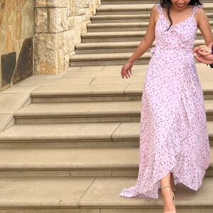 WAYF Pink floral high low wrap dress